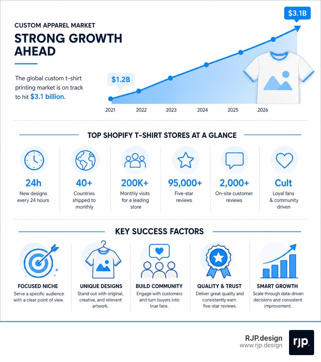 Growth of the custom apparel market with top Shopify t-shirt store stats and key success factors infographic