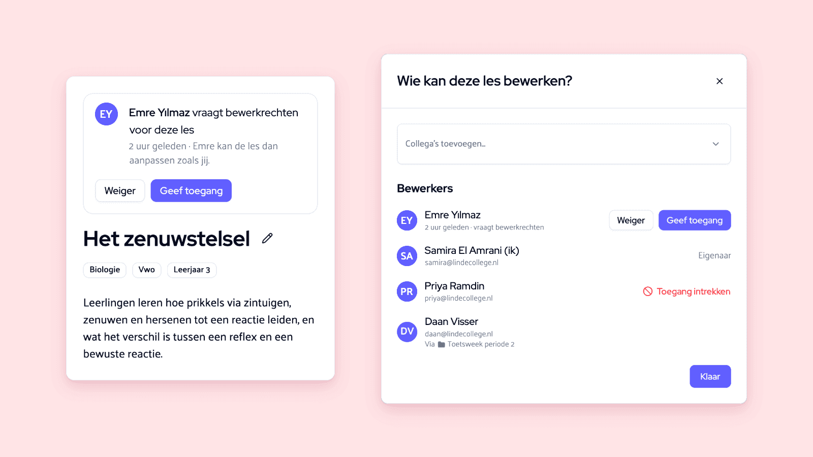 Verzoek om bewerkrechten naast het venster Wie kan deze les bewerken