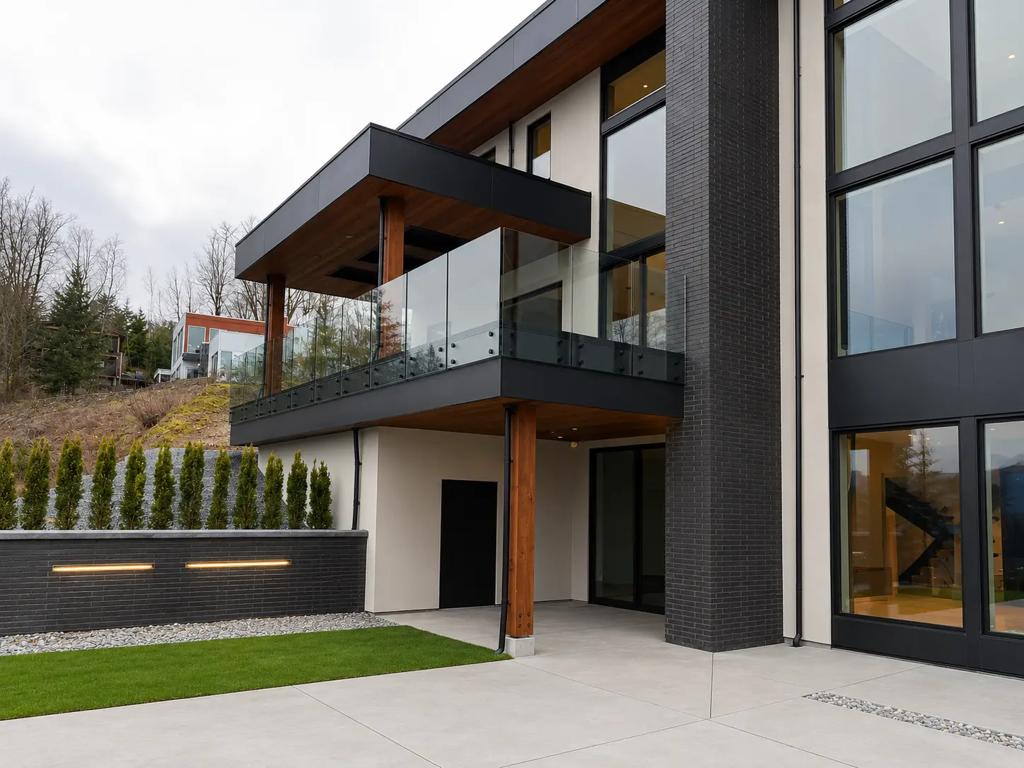 Modern cedar-accented home with frameless glass railings, black steel detailing, and floor-to-ceiling windows overlooking a minimalist landscaped yard. Clean contemporary design with exposed cedar posts and seamless glass balcony panels.
