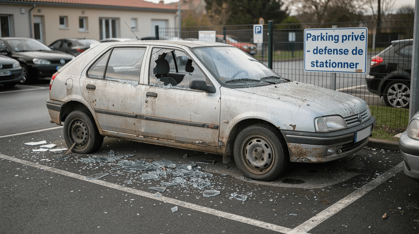 Une voiture abandonnée est stationnée sur un parking privé, avec des pneus à plat et des vitres cassées, représentant une épave qui pourrait poser des problèmes de sécurité et de nuisances sur la propriété. Cette situation pourrait nécessiter l'intervention des forces de l'ordre pour procéder à l'enlèvement du véhicule hors d'usage.