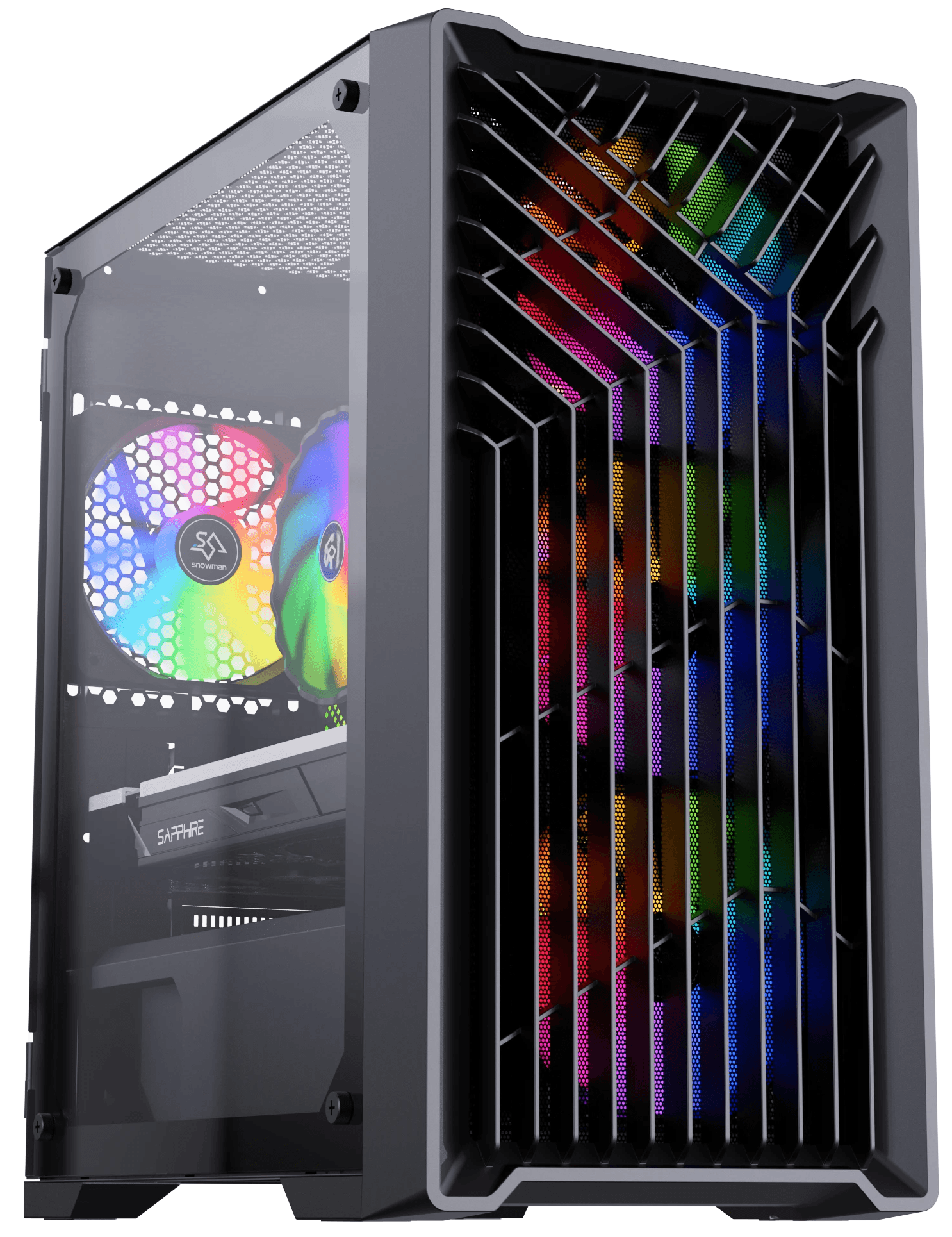 This image showcases a top-tier gaming PC setup designed for 2023, featuring an advanced cooling system visible through the clear side panel. The setup includes vibrant RGB fans that not only enhance its aesthetic appeal but also optimize airflow within the chassis. Key components such as a high-performance NVIDIA GPU for machine learning and gaming, a latest-generation Intel CPU, and ample RAM are highlighted, making this PC ideal for high-end gaming, artificial intelligence applications, and extensive computing tasks. The overall design emphasizes a blend of high functionality and modern style, ideal for both gaming enthusiasts and professional tech users.