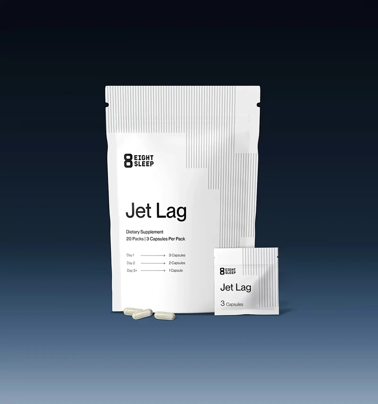 Eight Sleep Jet Lag supplement pouch and single-dose sachet