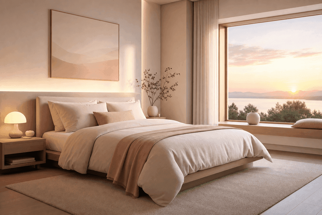 A minimalist, modern illustration of a cozy, empty bedroom with a neatly made bed, a soft glowing bedside lamp, and a tranquil window showing a gentle sunrise, all in soothing pastel tones with subtle gradients; the atmosphere is calm and peaceful, evoking rest and renewal—no characters, text, or humans present.
