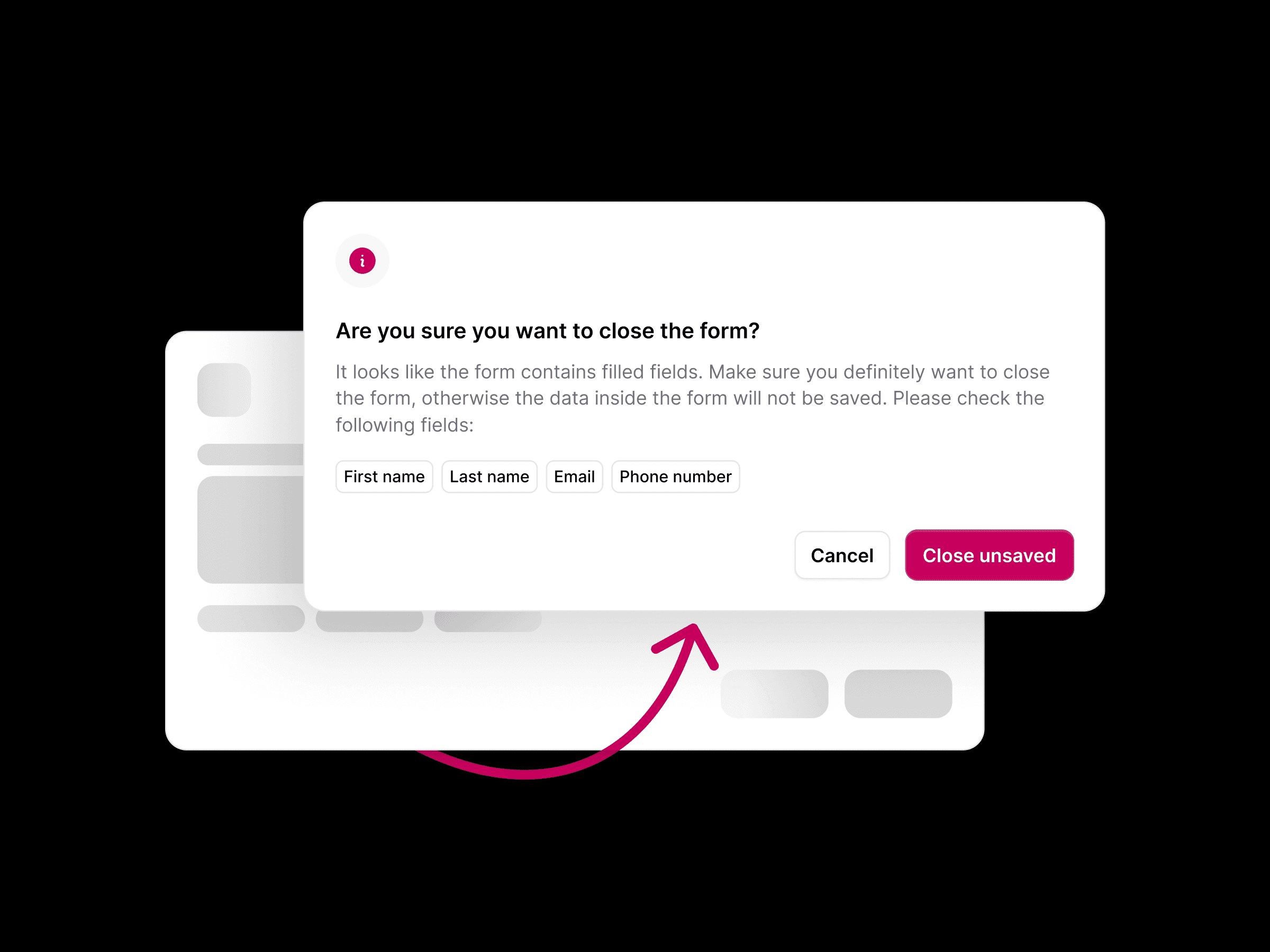 Всплывающее окно в форме предупреждает о несохраненных данных в полях: «Имя», «Фамилия», «Электронная почта», «Номер телефона». Варианты: «Отменить» или «Закрыть несохраненные данные».