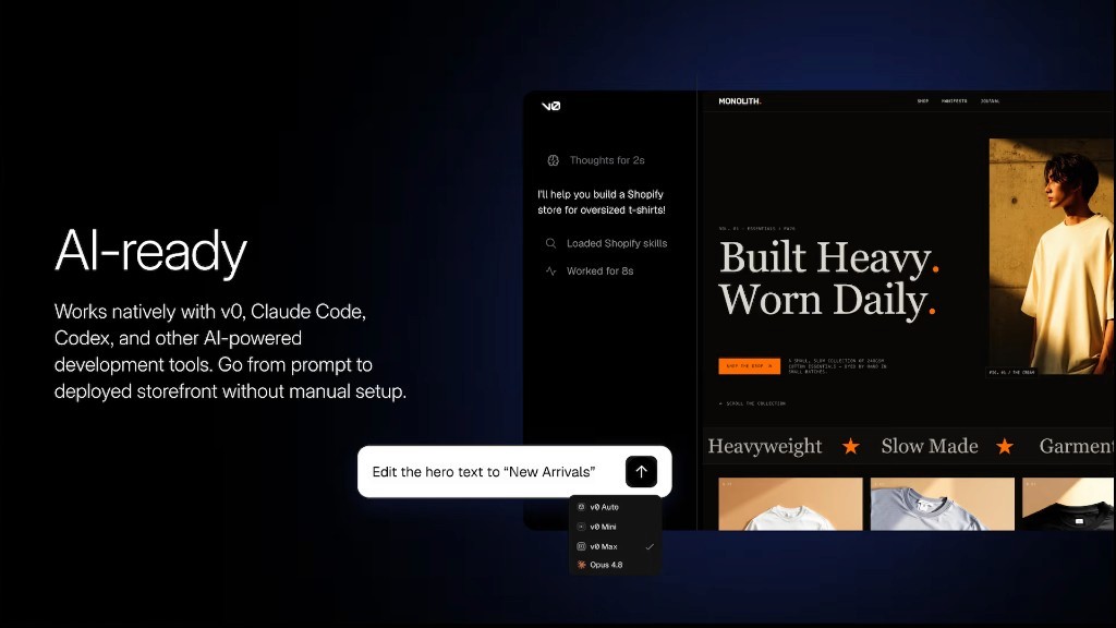 AI tools like v0 can scaffold and edit a Shopify storefront from prompts
