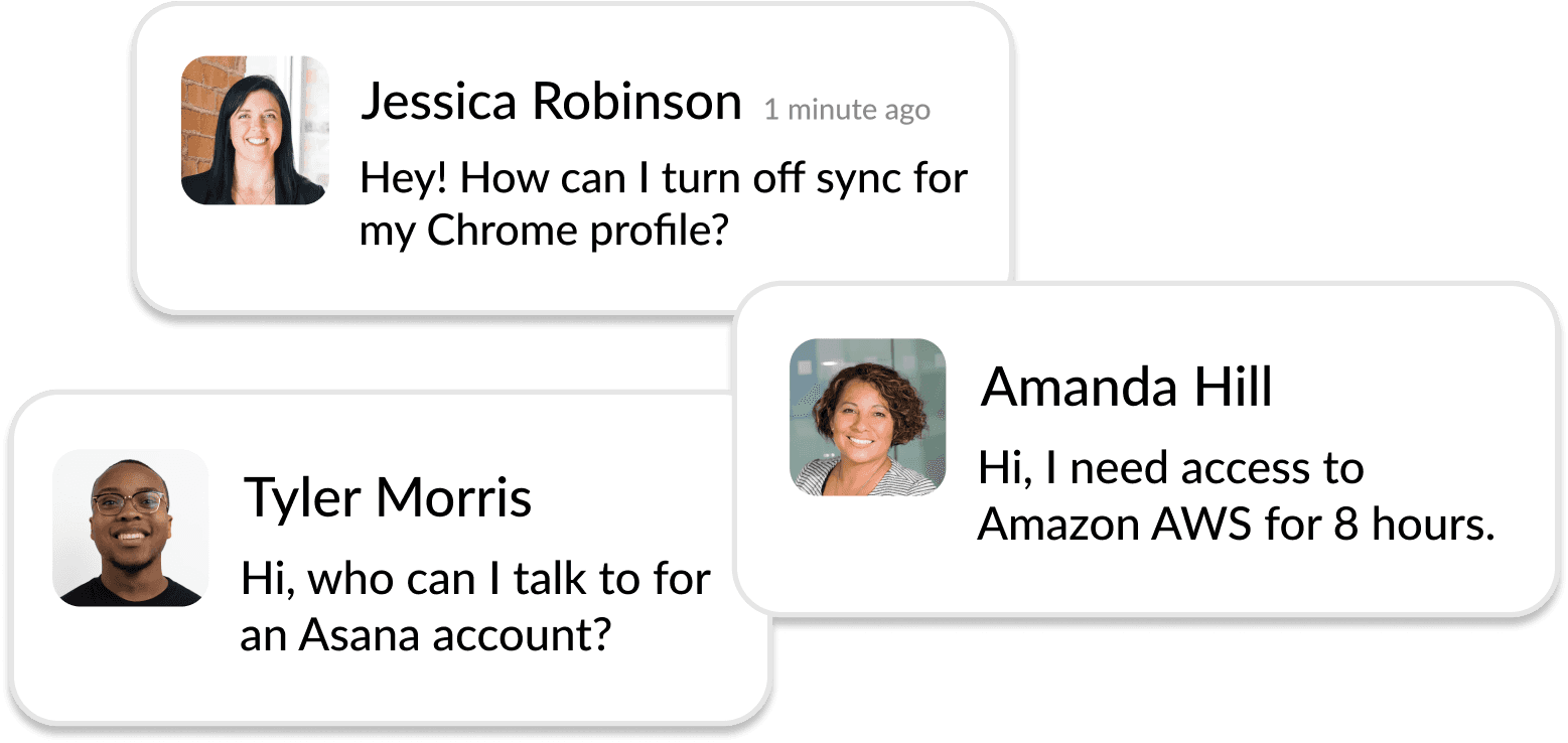 An image of chat messages in Slack, that Risotto can answer. Risotto provides answers to the questions showed. Questions include: Basic IT  questions, Application Access Requests, and time-based access requests.