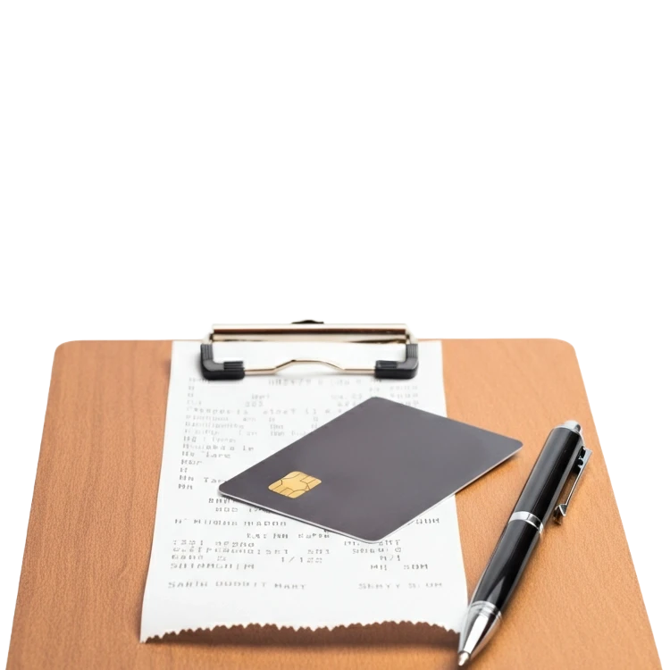 Receipt on a clipboard with a credit card and a pen on top