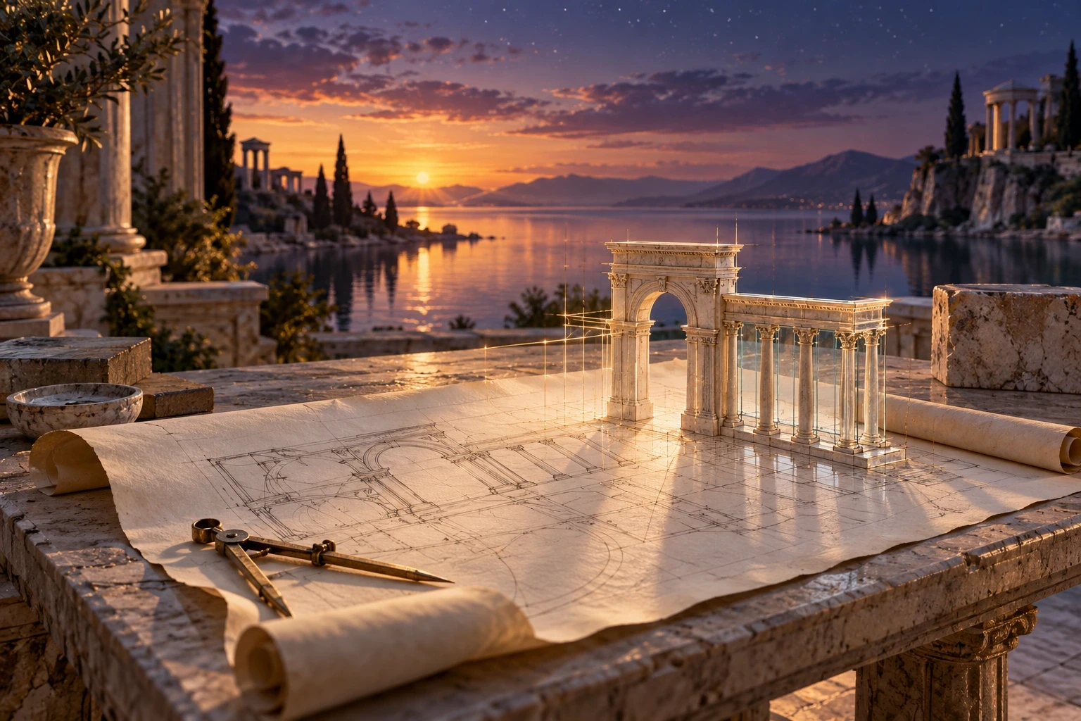 An architectural sketch becomes a dimensional limestone and glass model on a celestial drafting table.