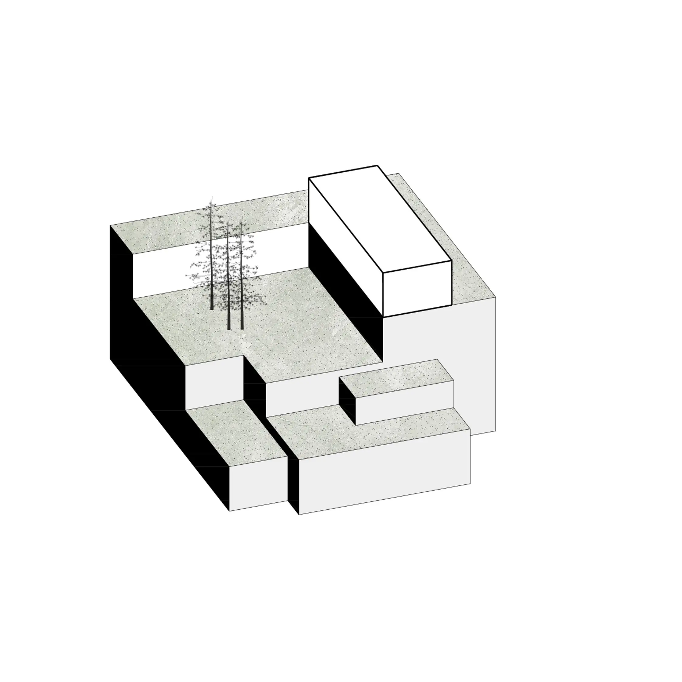 Massing diagram of the building volume placed on the terraced ground