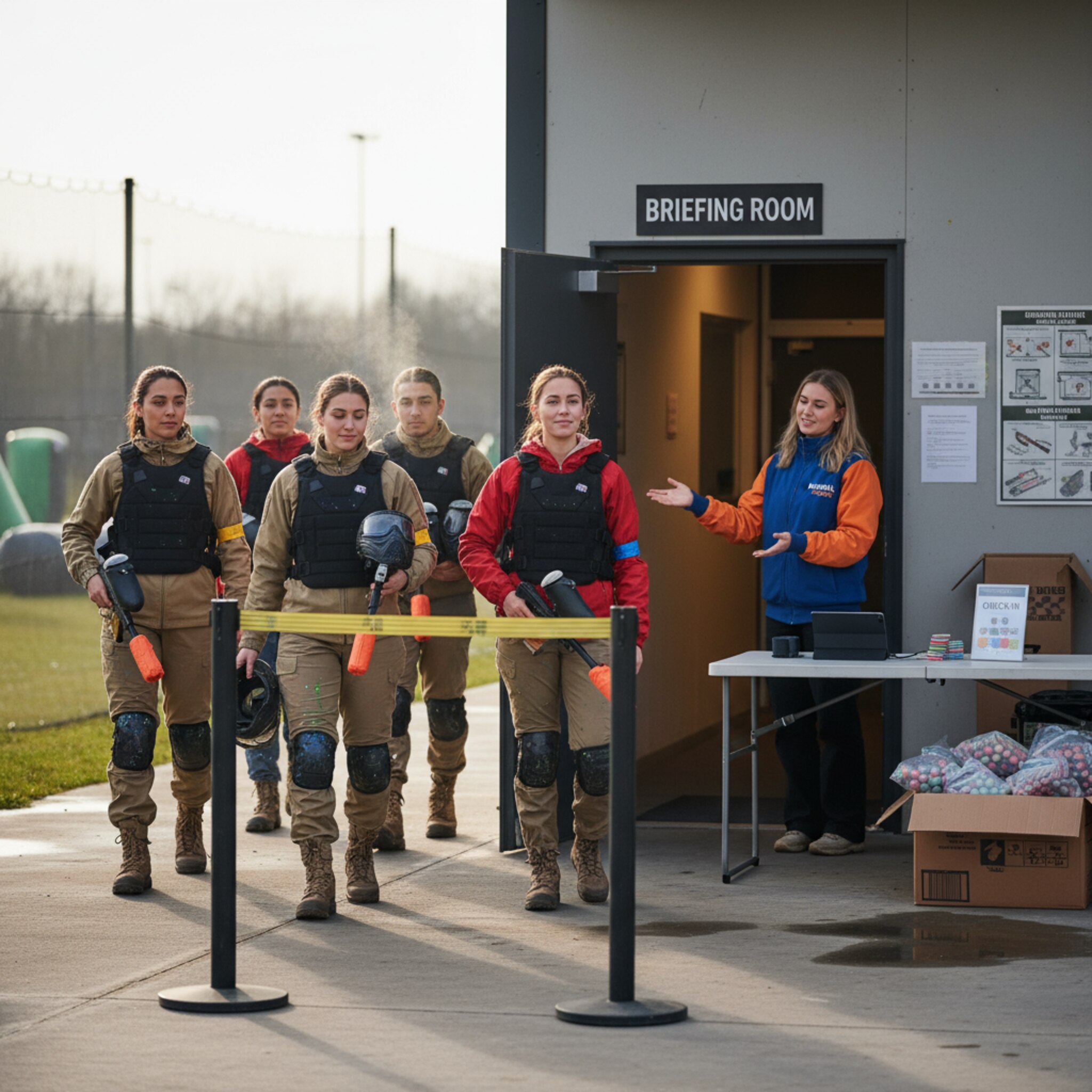 Vor dem Eingang bewegen sich kleine Gruppen zügig durch eine Absperrung, ein Mitarbeiter verteilt farbige Bänder und zeigt Richtung Briefing-Raum. Helme in Händen, Stimmen gedämpft, der Ablauf wirkt fließend. Die Luft ist frisch, die Stimmung konzentriert und startklar.