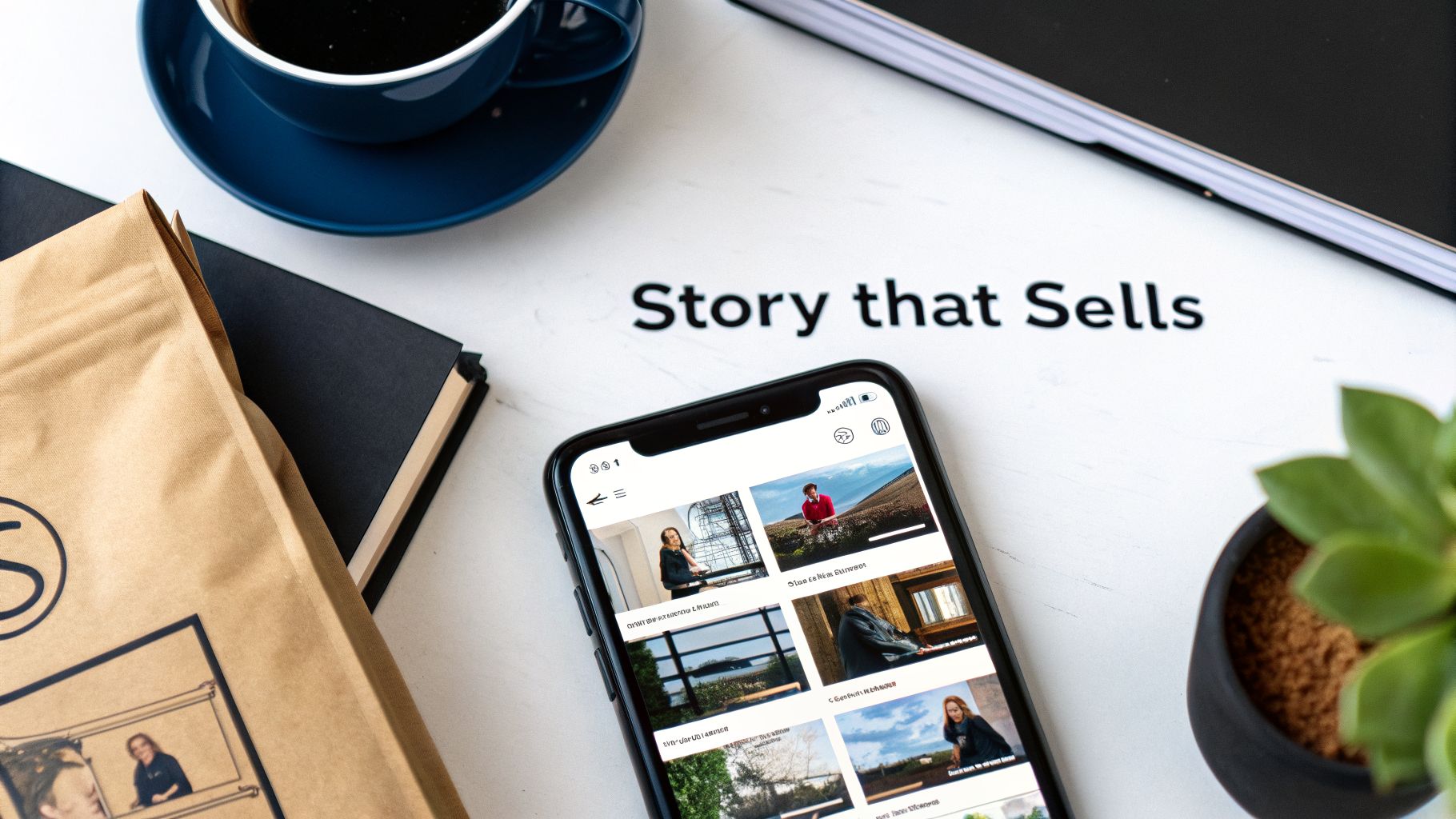 Overhead view of a workspace with a phone showing social media images, a coffee cup, and a paper bag.