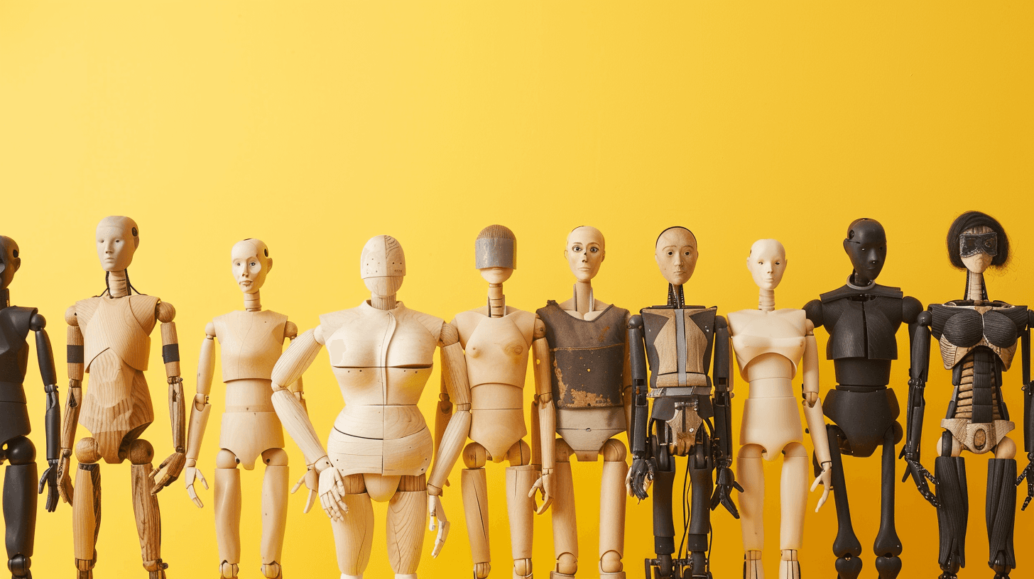 Maniquies  diversos formados, en un fondo amarillo. creativosatomicos.com