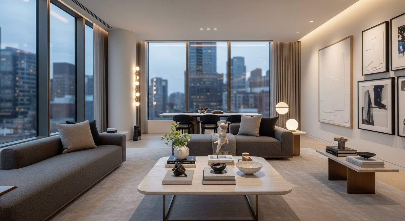 Modern living room with city skyline view, neutral furniture, and gallery wall artwork.