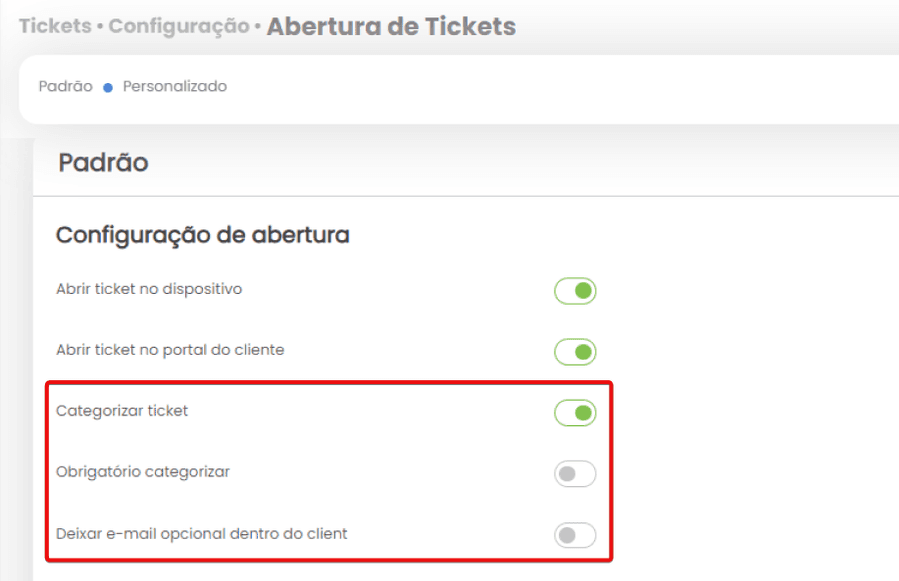 personalização de campos para abertura de Tickets