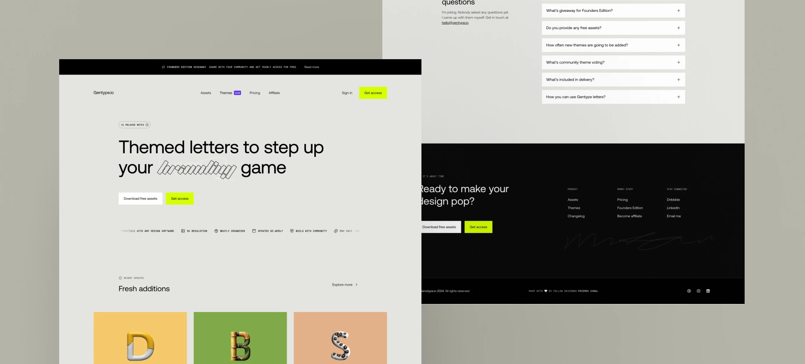 Screenshot of Gentype.io homepage showcasing bold typography with the headline ‘Themed letters to step up your branding game,’ neon green call-to-action buttons, and a minimalist layout.