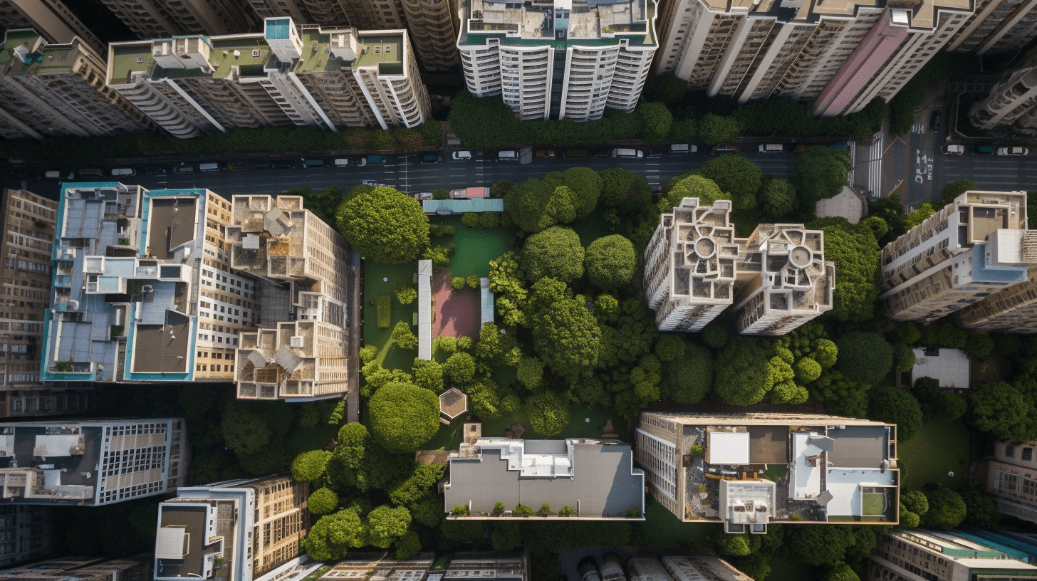 Aerial view of residential development showing rooftops, shared green spaces, and pool surrounded by apartment buildings