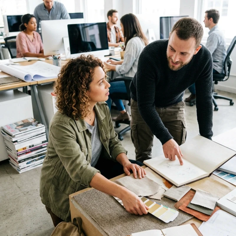 Équipe de créatifs en atelier collaboratif sélectionnant des échantillons de matières et des nuanciers sur une grande table de travail, illustrant notre expertise en Stratégie / positionnement de marque et signature unique pour installer une identité durable.