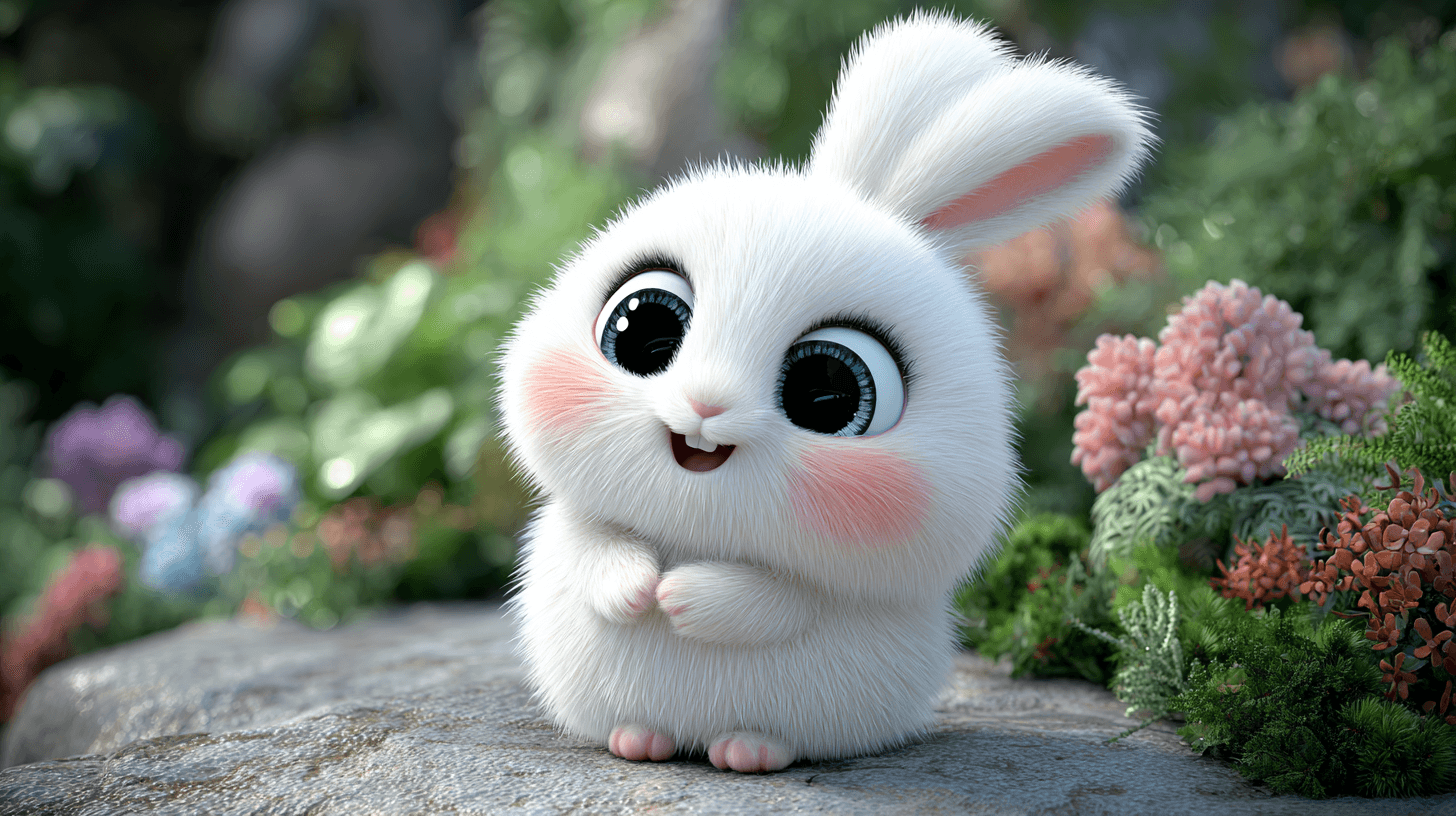 A cute 3D fluffy white anthropomorphic bunny