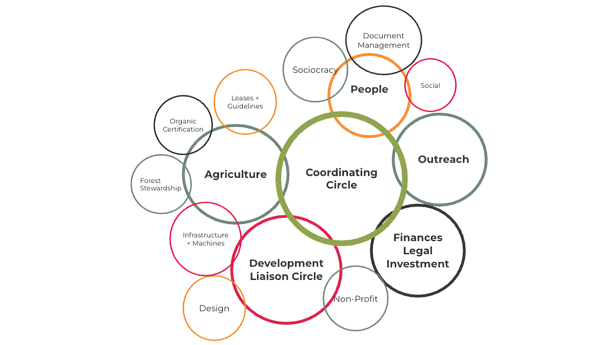 Visual diagram of Rooted Northwest’s governance circles, with a central Coordinating Circle connected to several primary circles.