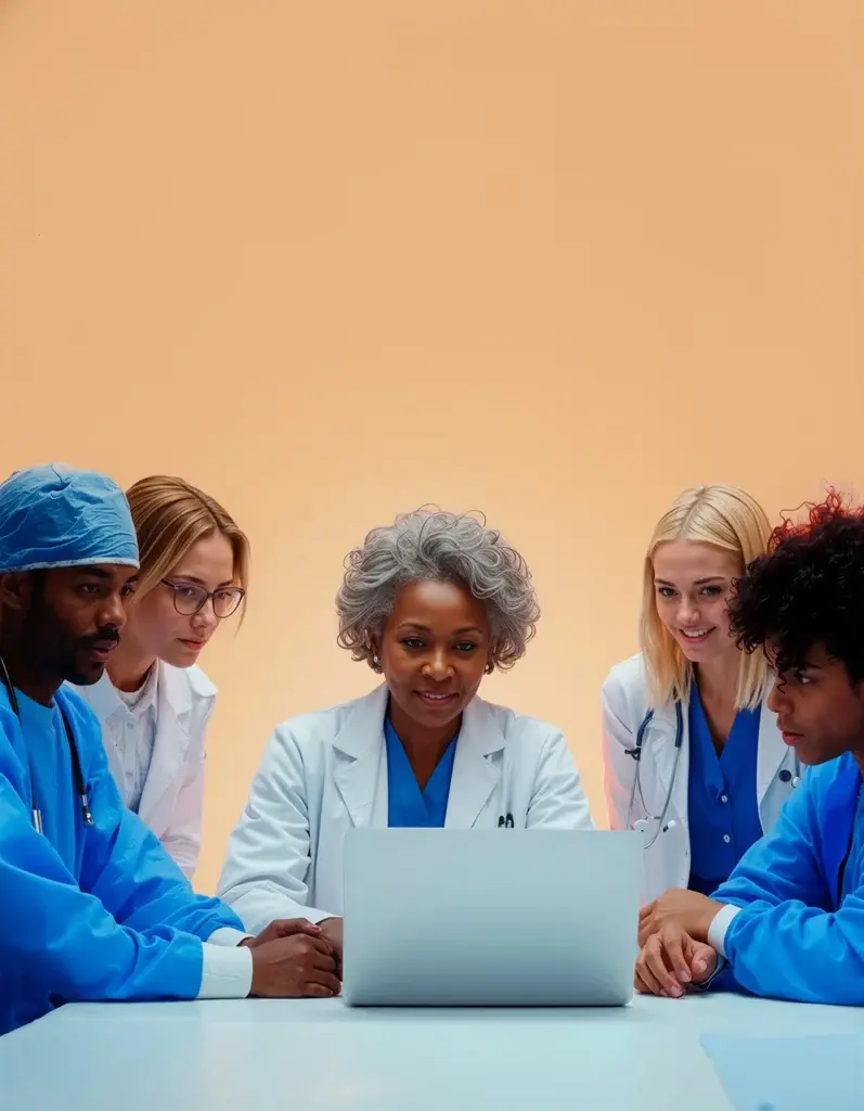 Group of healthcare professionals collaborating around a laptop, representing Synapti Health’s value-based care training that prepares teams for cross-functional collaboration and shared ownership.