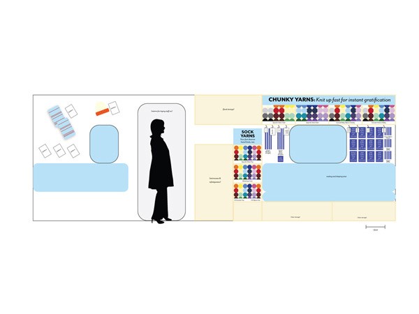A silhouette of a person wearing a black coat and high heels stands next to a white door labeled “Chunky Yarns: Knit up fast for instant gratification.” Above the figure, colorful yarn balls are arranged in rows. To the right, a light blue rectangular area contains smaller yarn balls and text labels including “SOCK YARNS” and “Chunky Yarns.” A light blue rectangular area to the left contains stacked white rectangular objects. A small white square is near the top left corner, and a small white square is near the top right corner. A small white square is near the bottom right corner. A small white square is near the bottom left corner. A small white square is near the bottom right corner. A small white square is near the bottom left corner. A small white square is near the bottom right corner. A small white square is near the bottom left corner. A small white square is near the bottom right corner. A small white square is near the bottom left corner. A small white square is near the bottom right corner. A small white square is near the bottom left corner. A small white square is near the bottom right corner. A small white square is near the bottom left corner. A small white square is near the bottom right corner. A small white square is near the bottom left corner. A small white square is near the bottom right corner. A small white square is near the bottom left corner. A small white square is near the bottom right corner. A small white square is near the bottom left corner. A small white square is near the bottom right corner. A small white square is near the bottom left corner. A small white square is near the bottom right corner. A small white square is near the bottom left corner. A small white square is near the bottom right corner. A small white square is near the bottom left corner. A small white square is near the bottom right corner. A small white square is near the bottom left corner. A small white square is near the bottom right corner. A small white square
