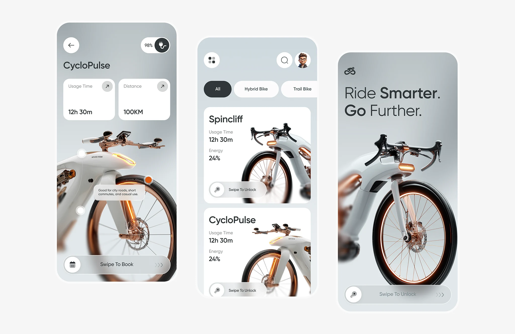 Smart bike mobile app UI showing ride statistics, battery usage, distance tracking, and bike control features