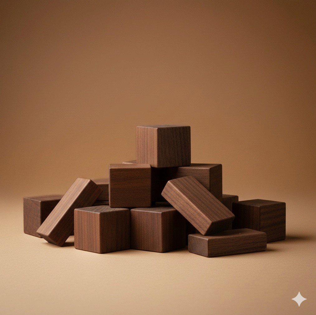 A set of natural finish wooden building blocks in various geometric shapes, displayed on a dark background.