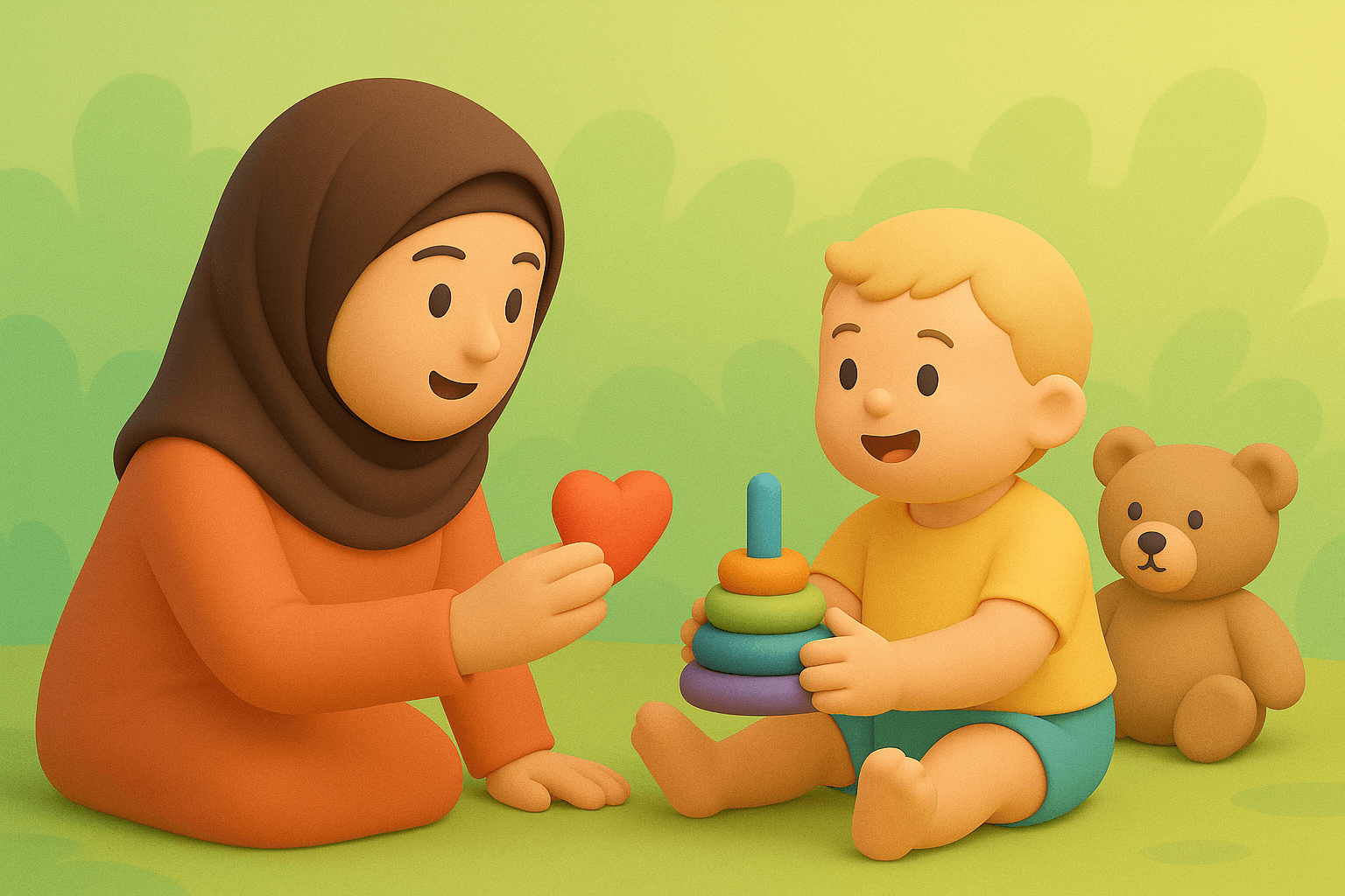 Ilustrasi clay 3D seorang ibu berhijab memberikan mainan berbentuk hati kepada balita yang sedang memegang mainan edukatif stacking rings, dengan boneka teddy di latar belakang, suasana hangat hijau-kuning.
