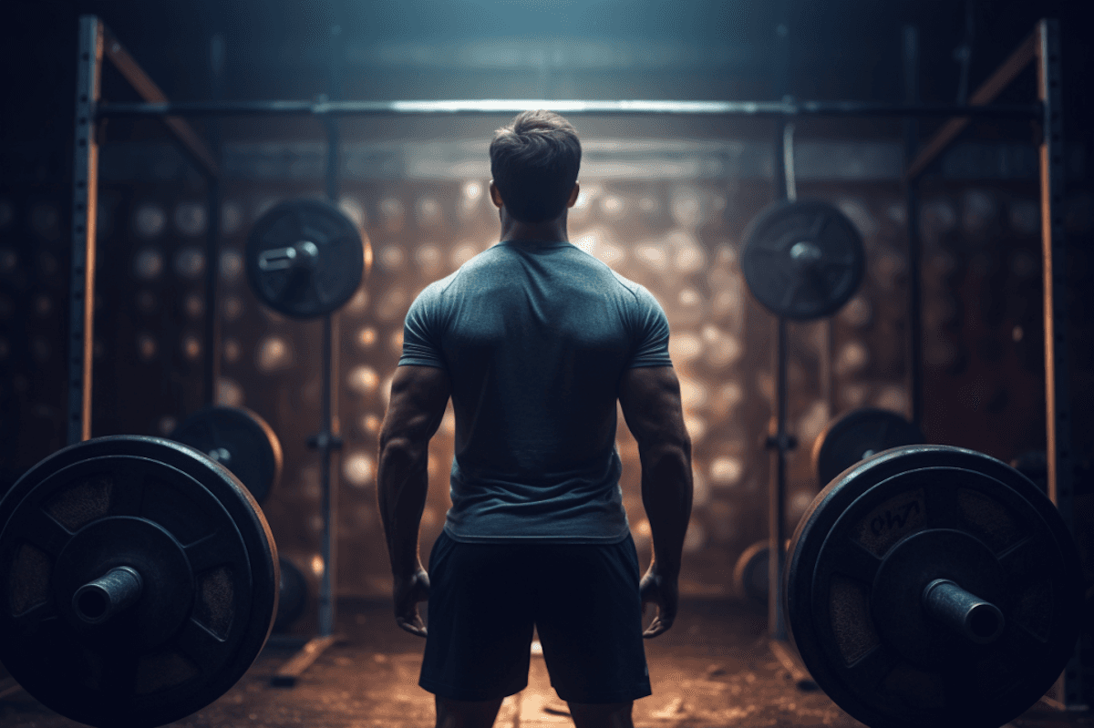 Muscular man viewed from behind standing in dimly lit gym surrounded by weights.