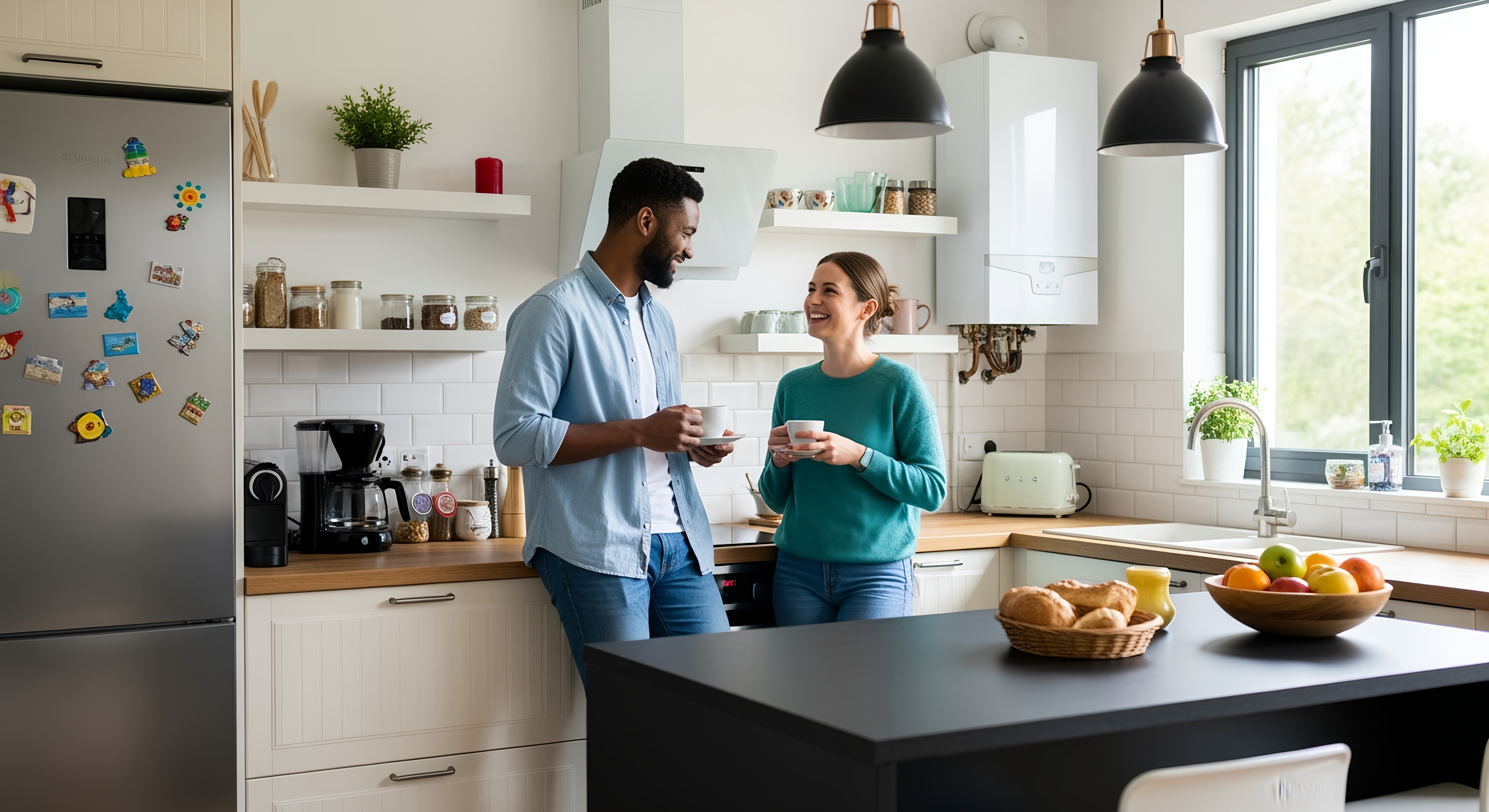Couple chatting over coffee in their kitchen