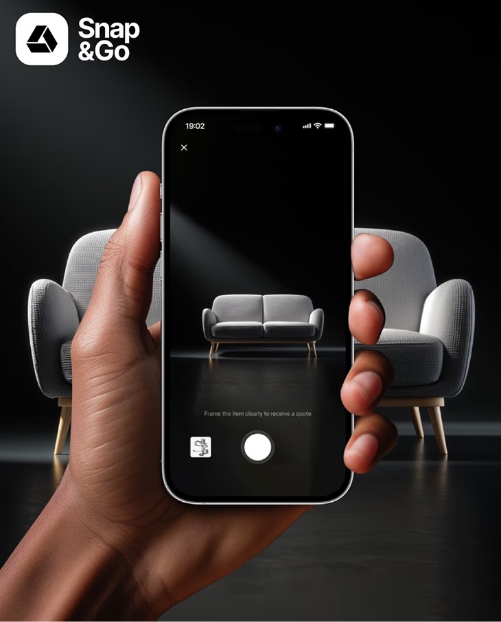 Interface of the Snap & Go mobile app by ThePackengers, showing a user framing a grey designer sofa in the camera viewfinder to receive an automated shipping estimate.