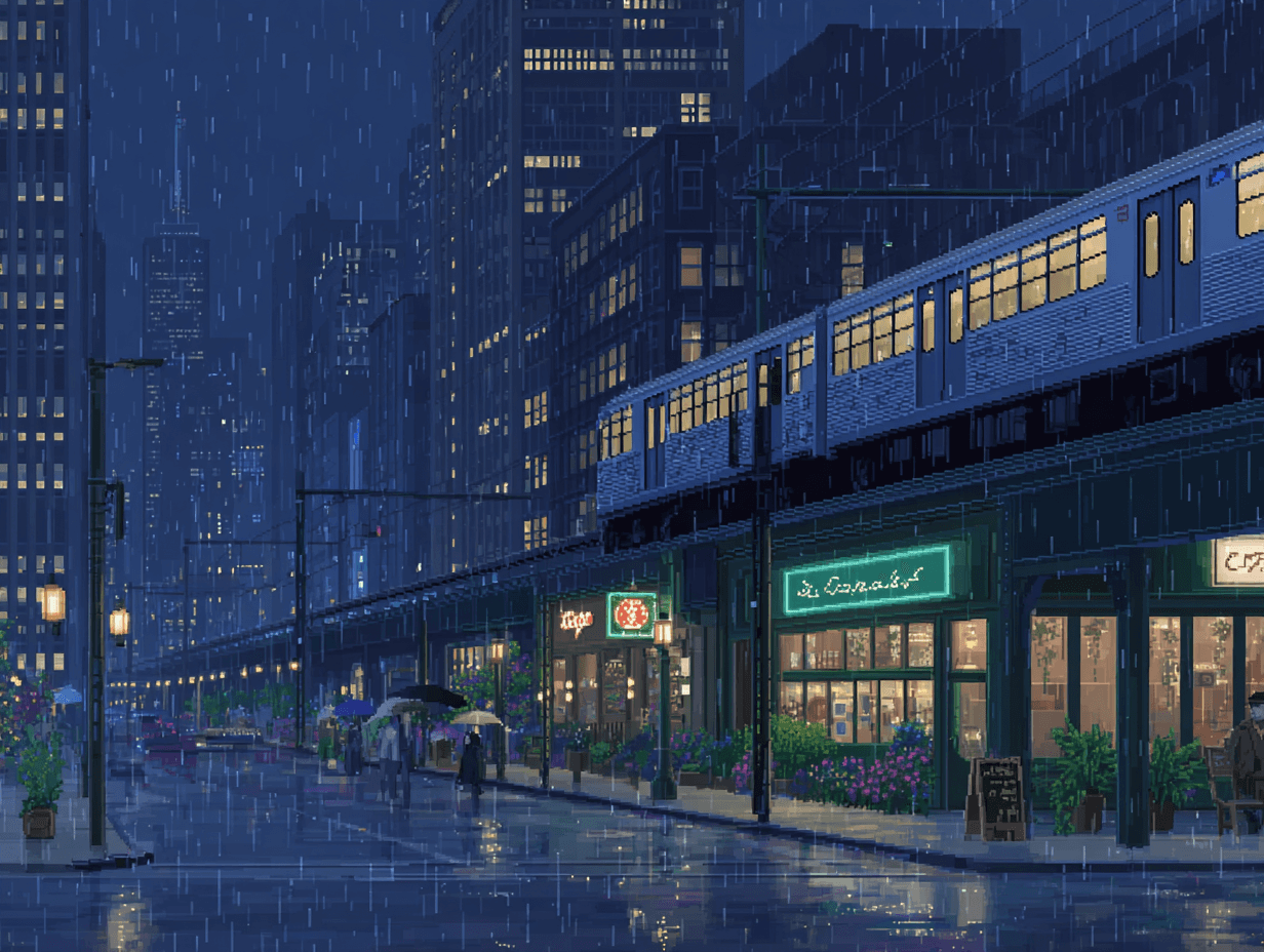 Pixel art of city with snowy hills behind it.