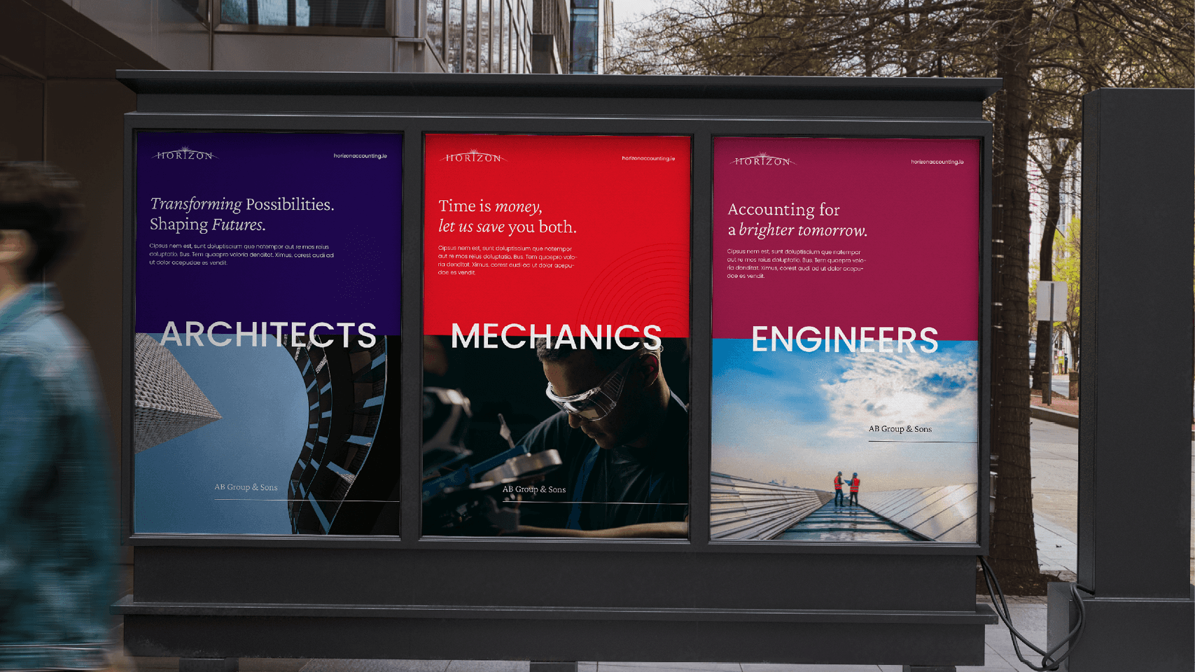 Three outdoor posters side by side showcasing Horizon's services to the passerby