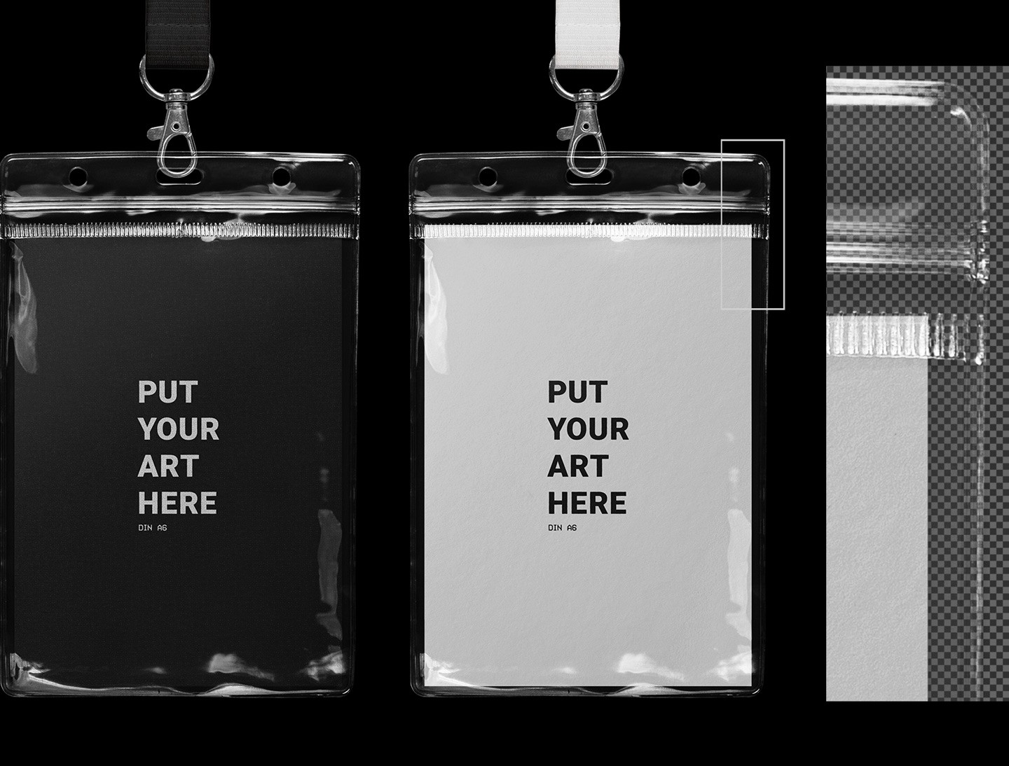 Close-up macro detail of the authentic plastic texture and lanyard strap within the Photoshop mockup