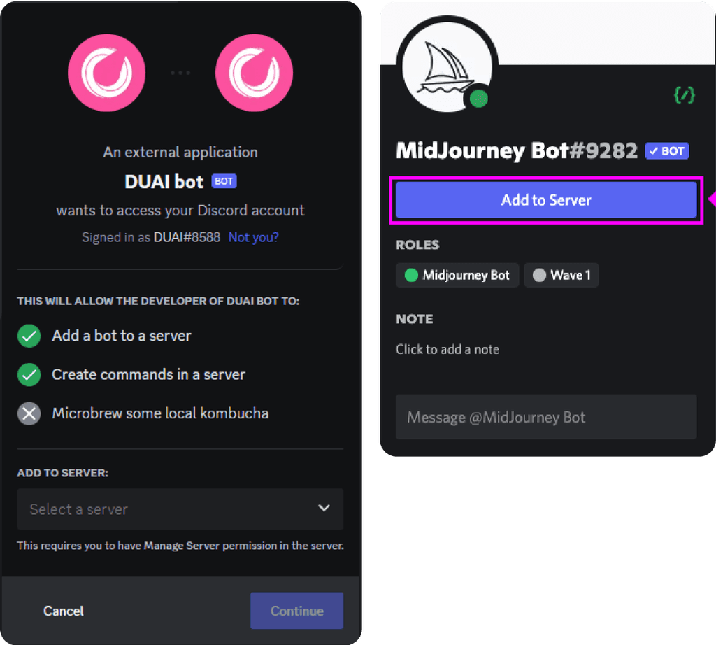 Discord screenshot of adding DUAI bot to server
