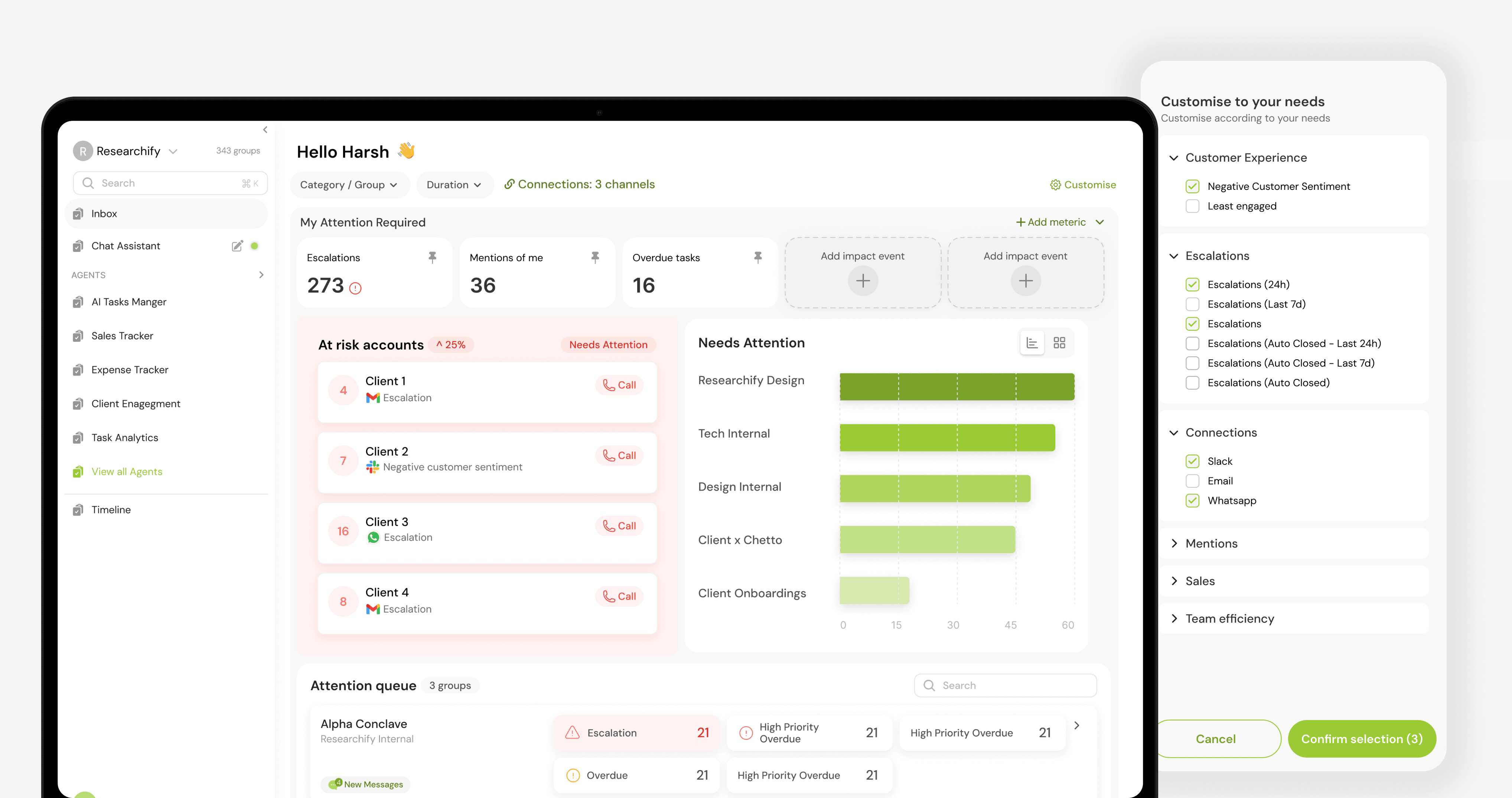Business dashboard showing revenue, deals, customer list, growth chart, and new activity.