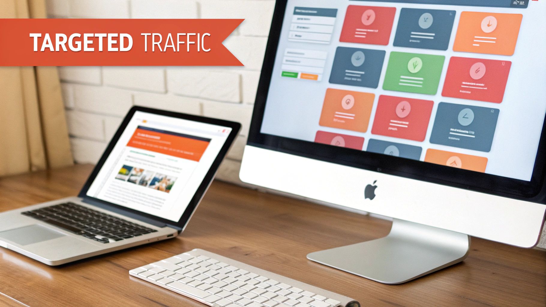 A modern tech workspace featuring a laptop, an iMac displaying a dashboard, and a keyboard, with 'TARGETED TRAFFIC' overlay.