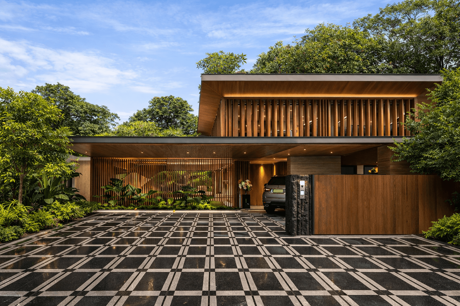 Apex stone flooring used in contemporary residential driveway with clean geometric paving layout