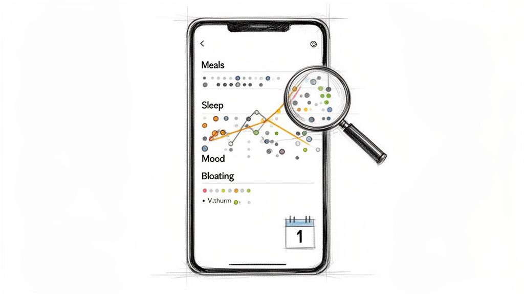 Sketch of a smartphone app tracking health data like meals, sleep, mood, and bloating, with a magnifying glass.
