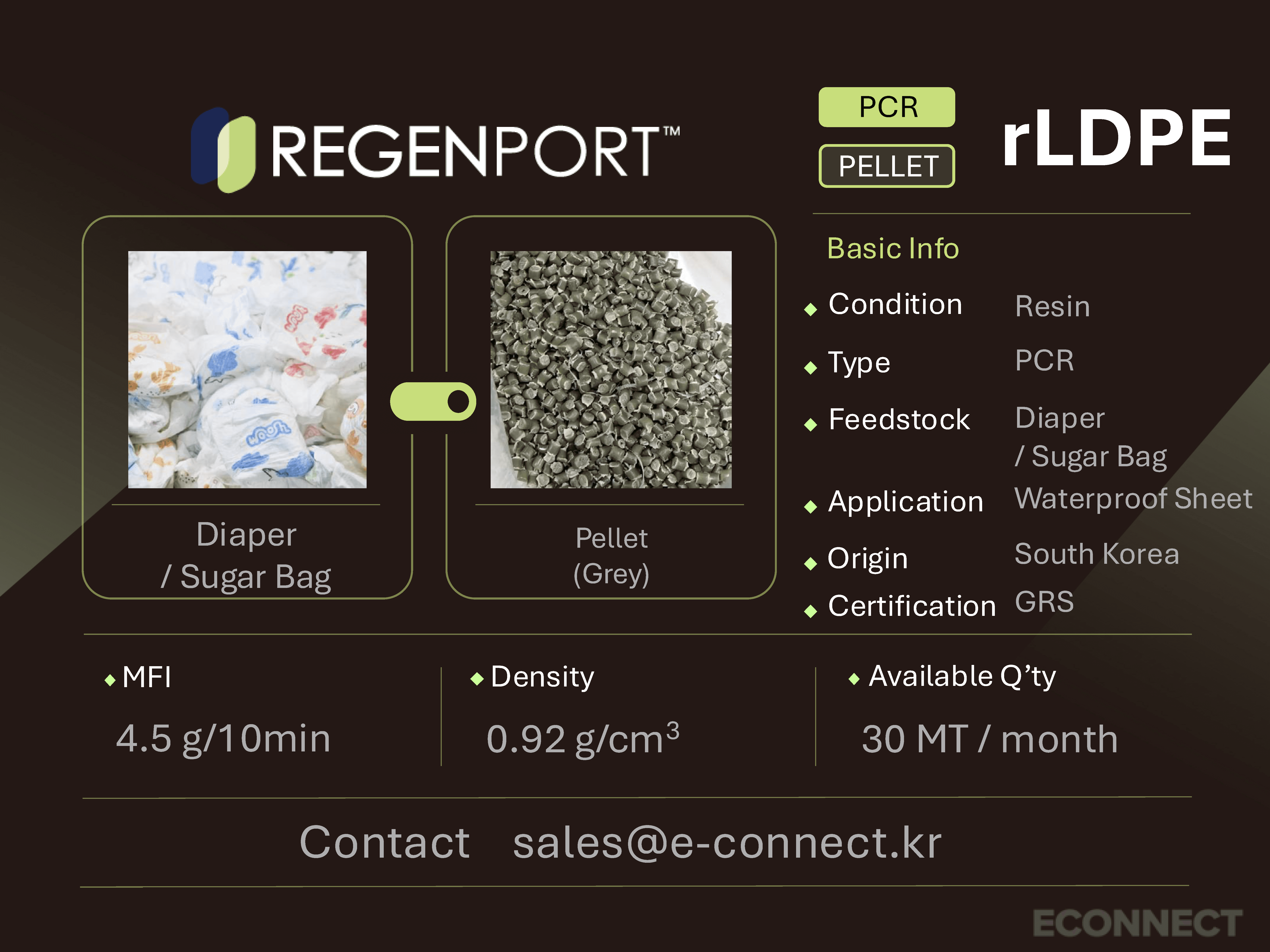 rLDPE PCR resin spec card - Sugar bag and diaper waste to pellet form