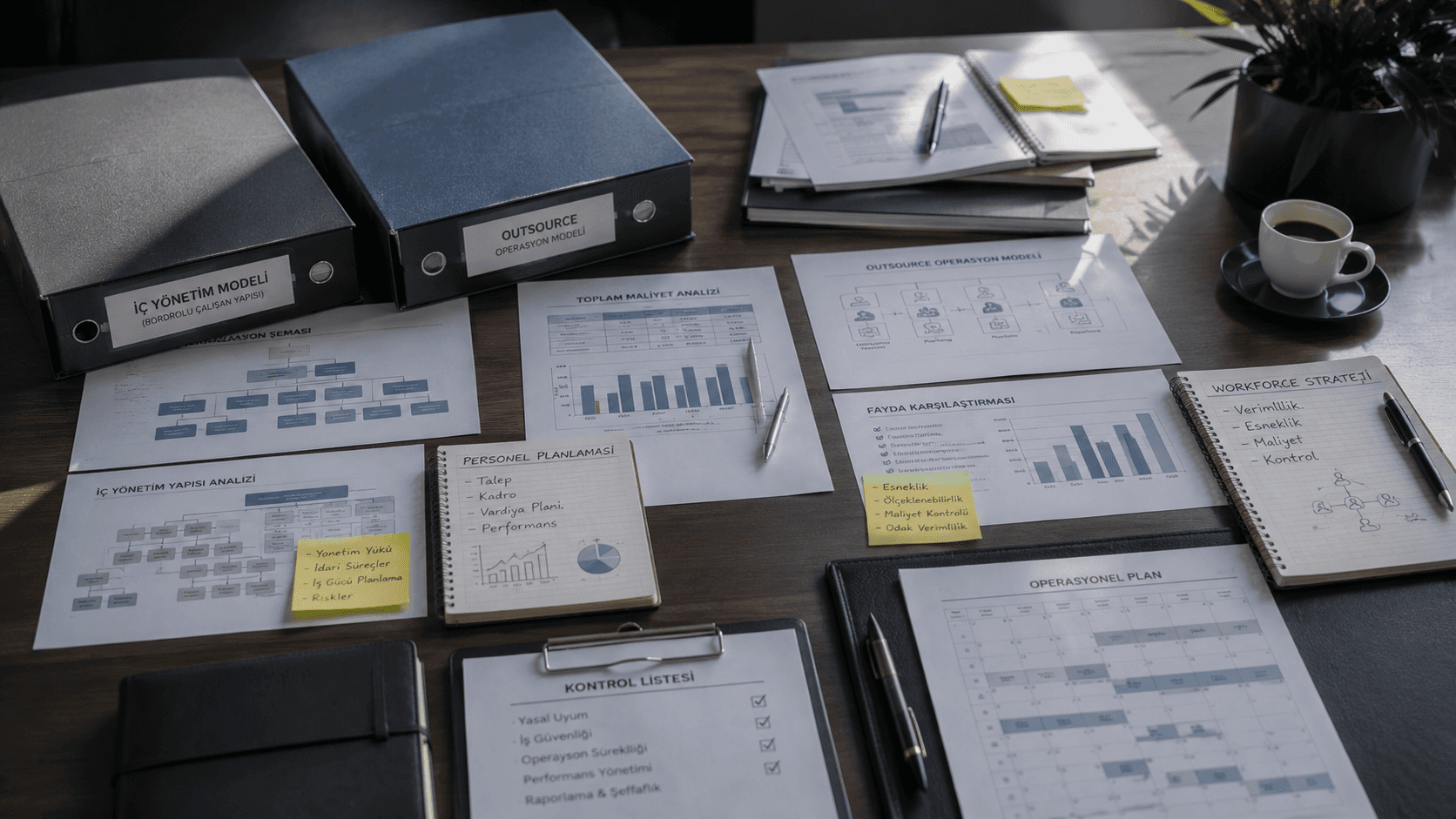 Outsource ve bordrolu personel modellerinin operasyonel planlama ve maliyet yönetimi açısından değerlendirildiği kavramsal yönetim masası görseli
