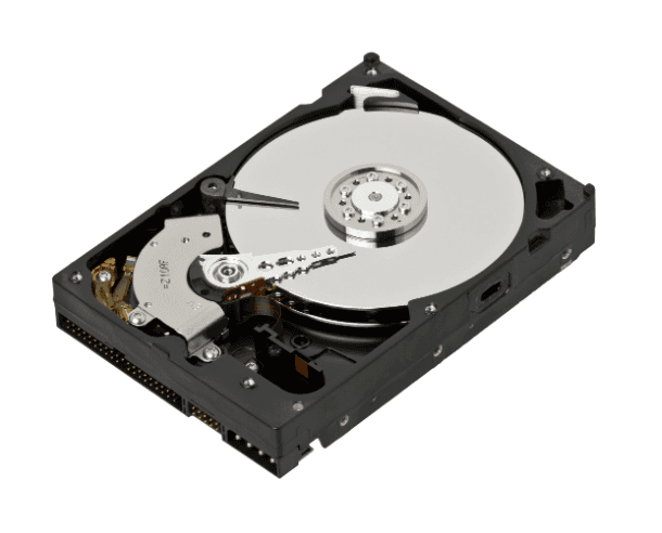 A 3.5-inch internal hard disk drive (HDD) with the top cover removed, revealing the internal platters and read/write arm mechanism.
