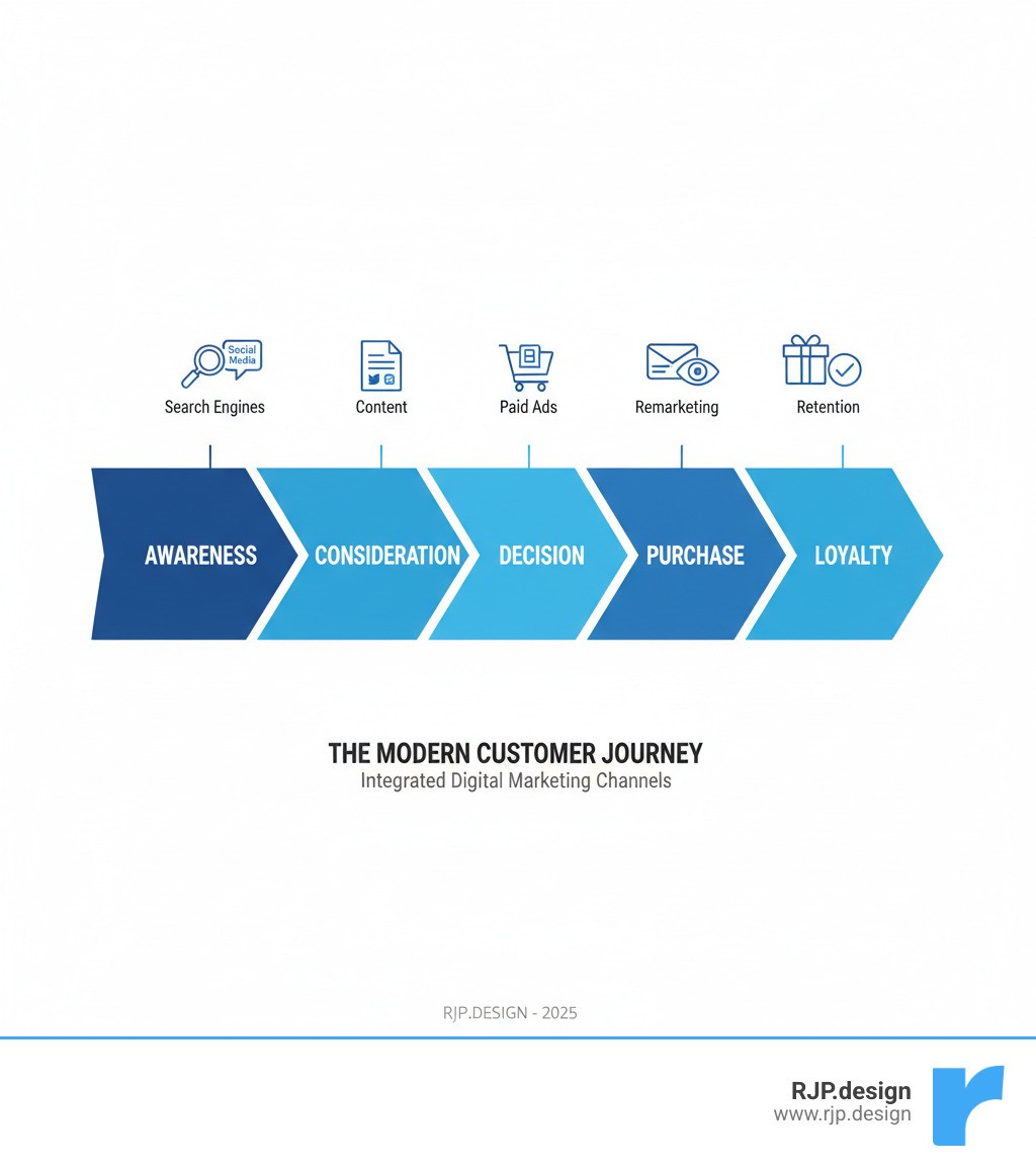 Infographic showing the modern customer journey from initial awareness through consideration, decision, purchase, and loyalty stages, with different digital marketing channels mapped to each phase including search engines, social media, email, content, paid ads, and remarketing - full service digital marketing services infographic