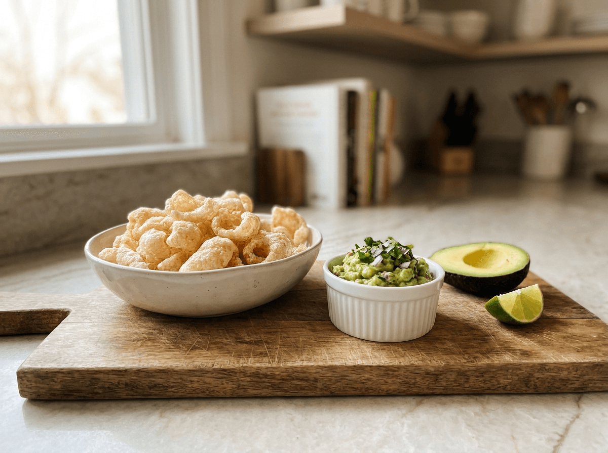 Bowl of pork rinds with guacamole on wooden board, keto friendly snacks
