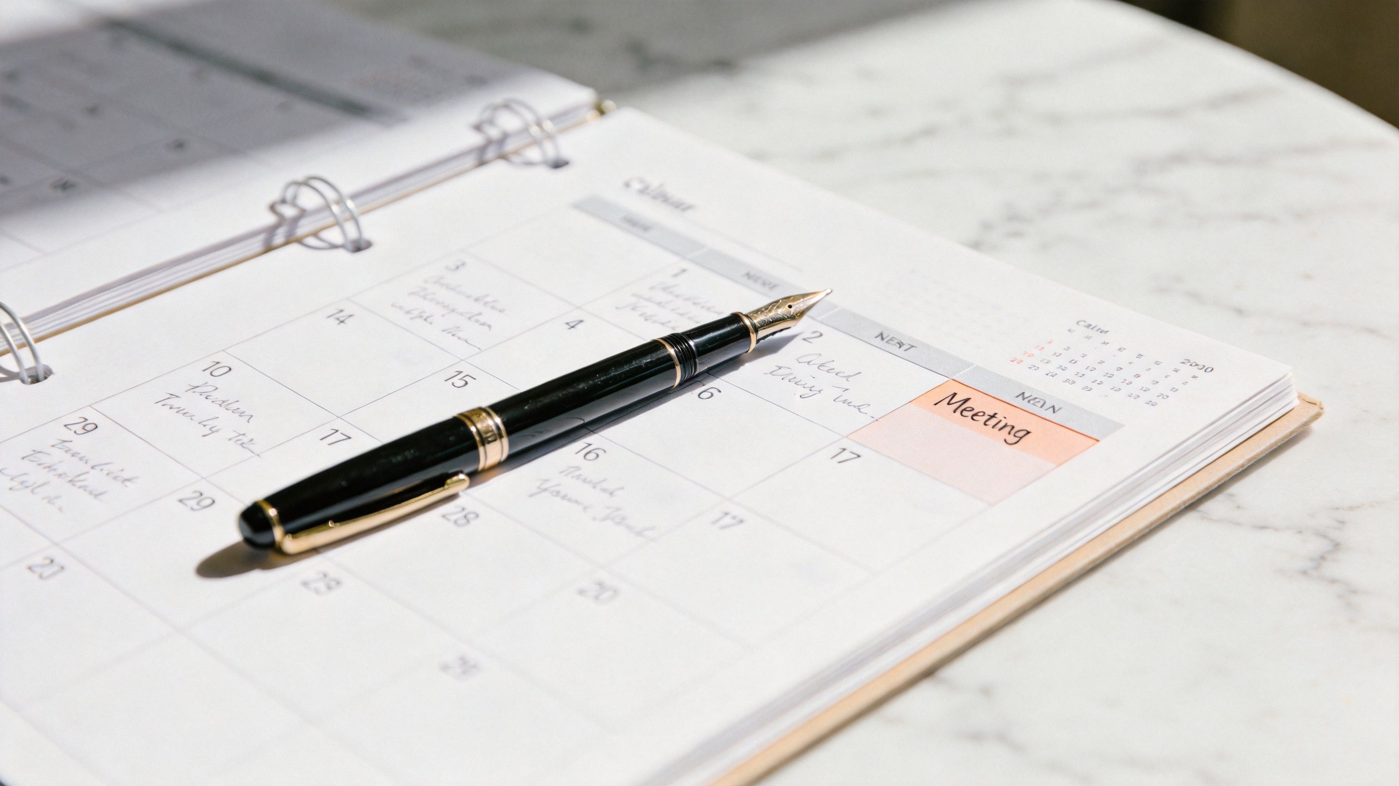 A professional fountain pen resting on an open planner with a marked meeting on a desk.