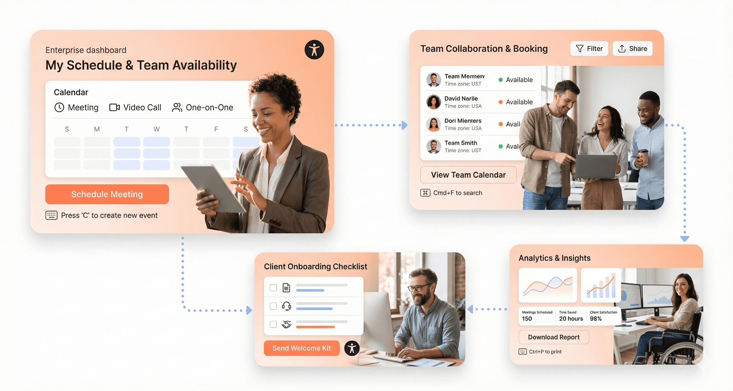 Accessible enterprise UI design with clear typography, keyboard navigation, high-contrast buttons, and inclusive user experience for diverse employees.