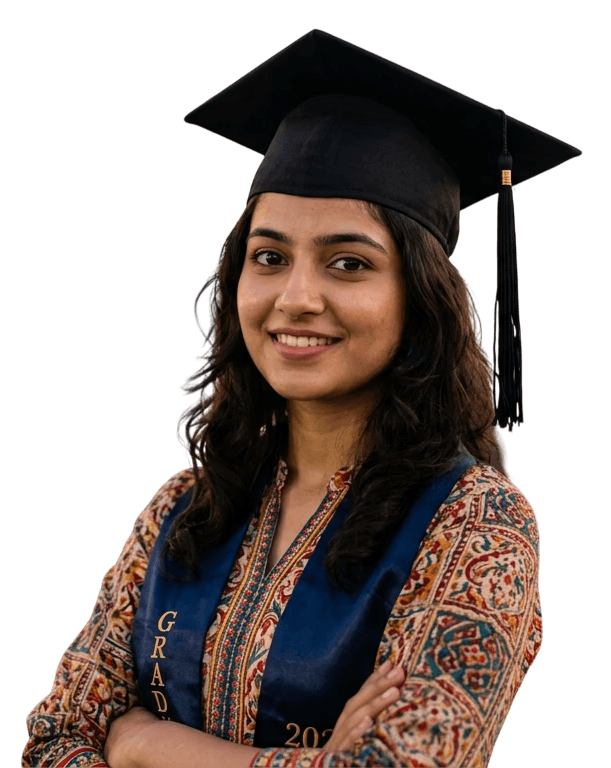 A smiling Indian woman in graduation attire.