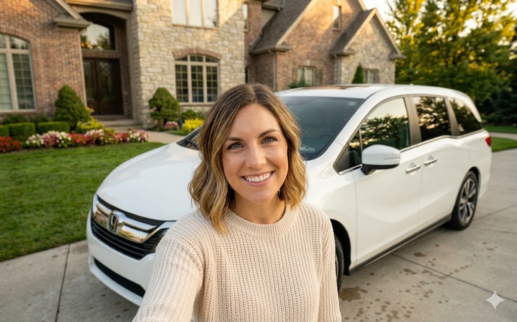 Woman standing in front of her white honda minivan and her modern house