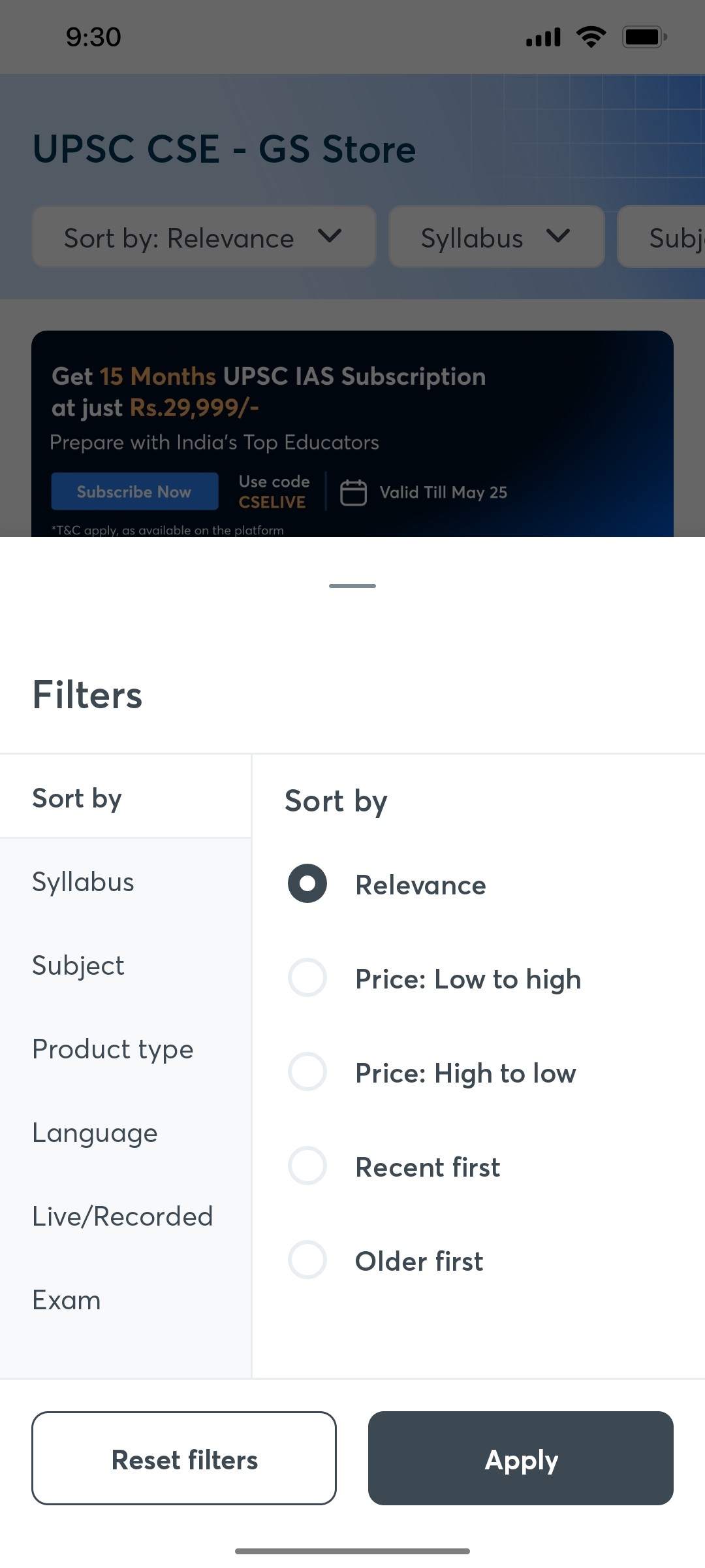 Unacademy Filter Screen