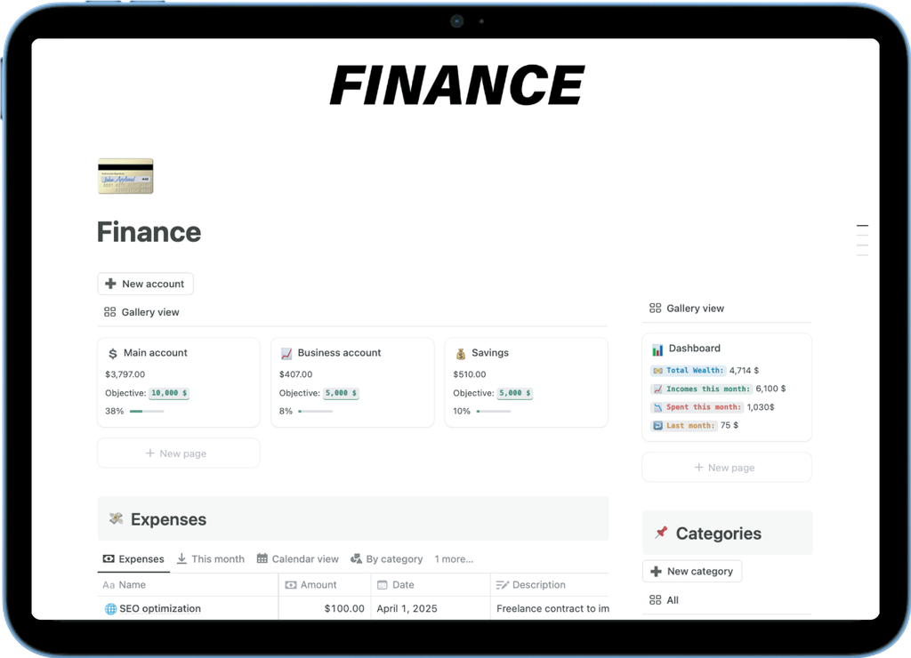 Notion finance tracker - monitor accounts, savings goals, and business budgets visually